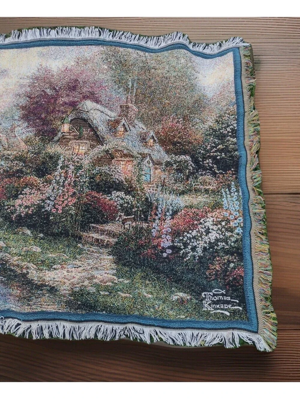 Thomas Kinkade Tapestry Throw Blanket Cottage Bridge Floral Cotton USA Licensed